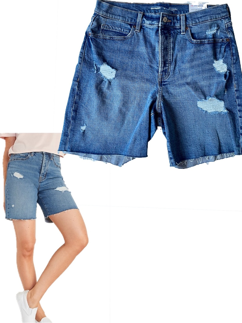 NEW Old Navy Extra High-Waisted Sky-Hi Button-Fly Fray Jean Shorts 7” Sz12 Jorts